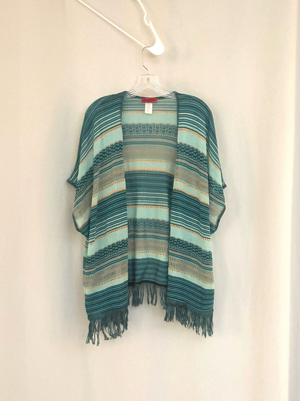 Demanding by SayWhat? Striped Open Knit Fringe Cardigan